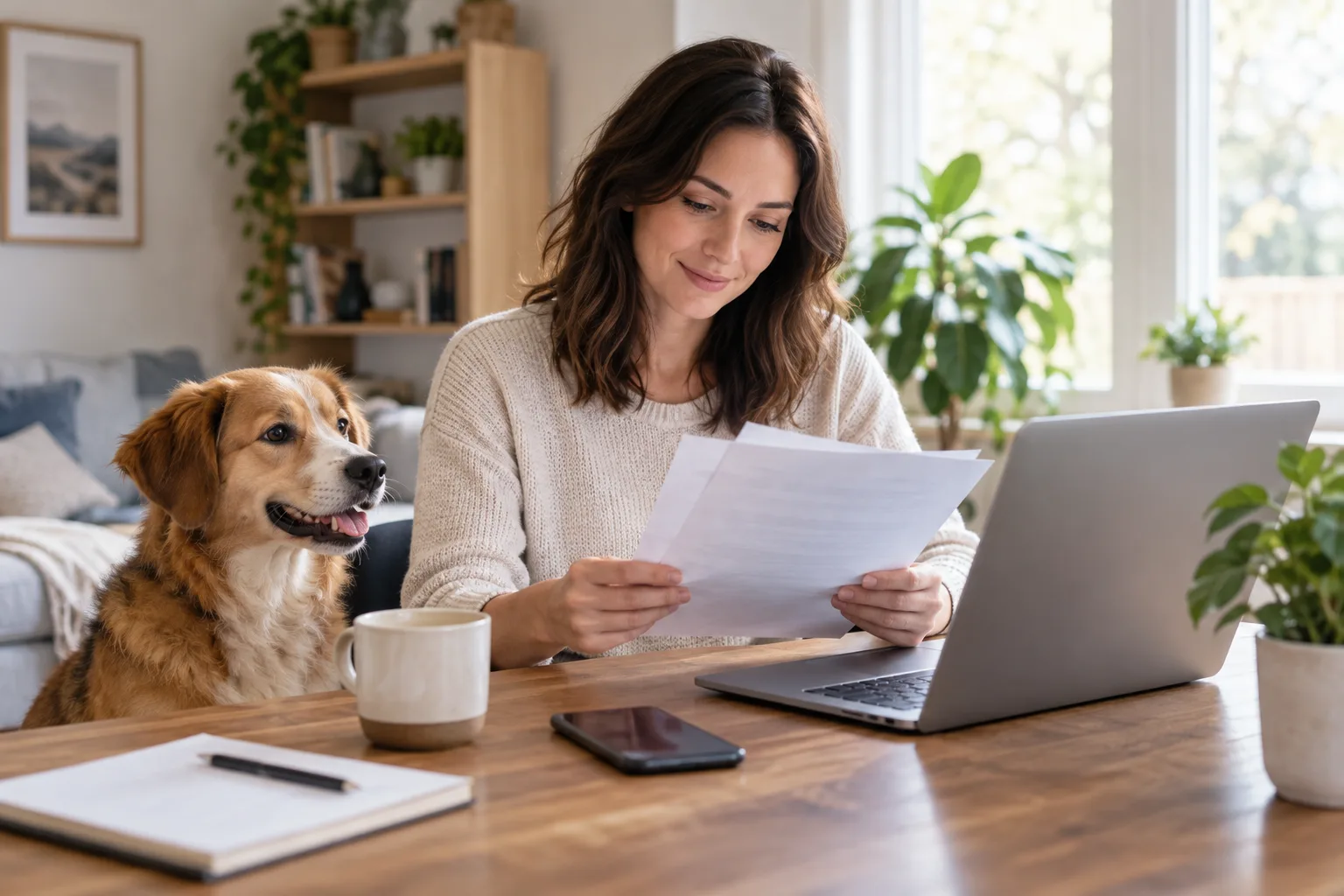 Pet owner reviewing documents at a laptop with a dog nearby