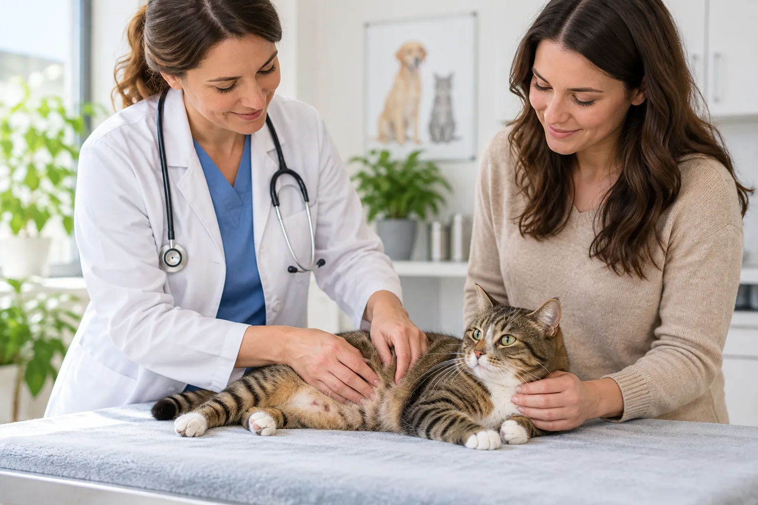 Veterinarian examining a cat with its owner in a clinic